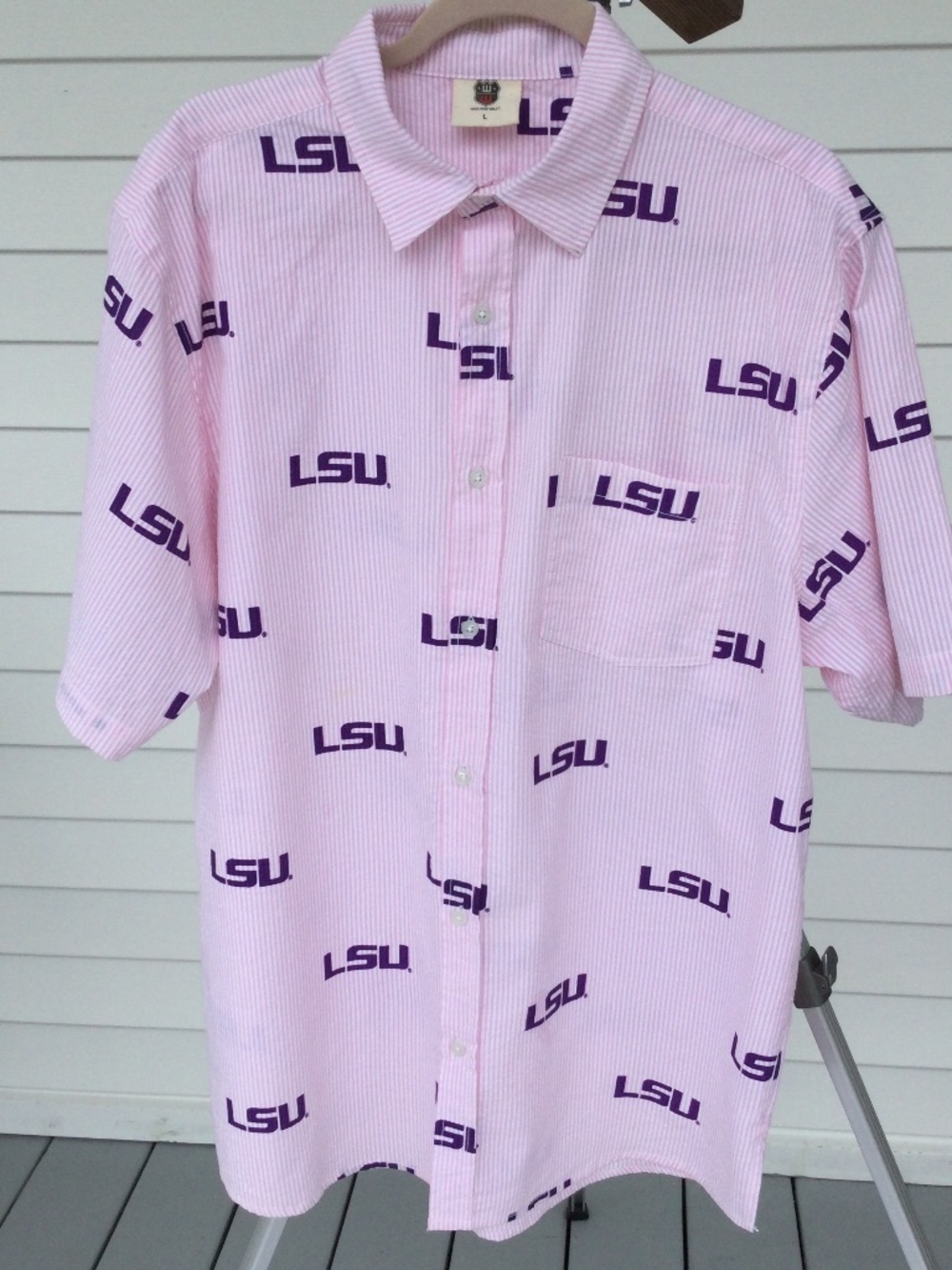 Pink & White Stripe LSU Button Down Shirt, Size Large, Unisex
